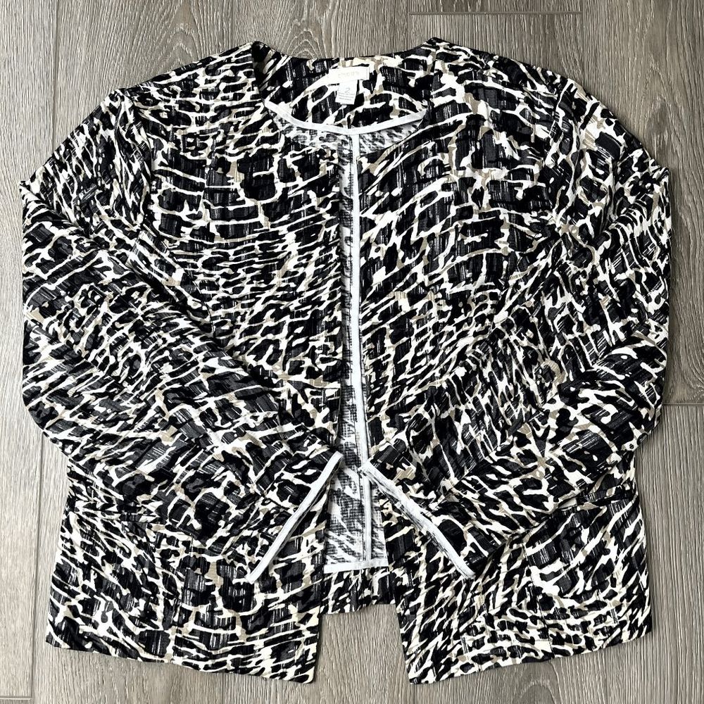 CHICO's Animal Printed Open Front Jacket Collarless Black White Tan Size 2 Large